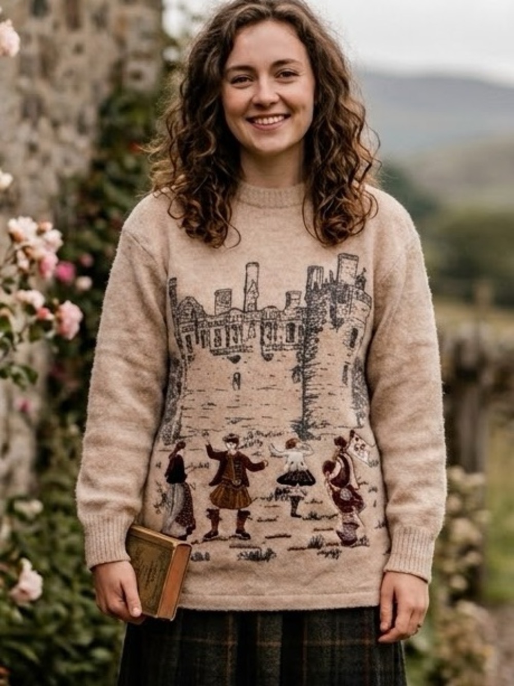 Vintage Cottage-core Angora Wool Knit Sweater Scottish Castle Highland Folk S/M